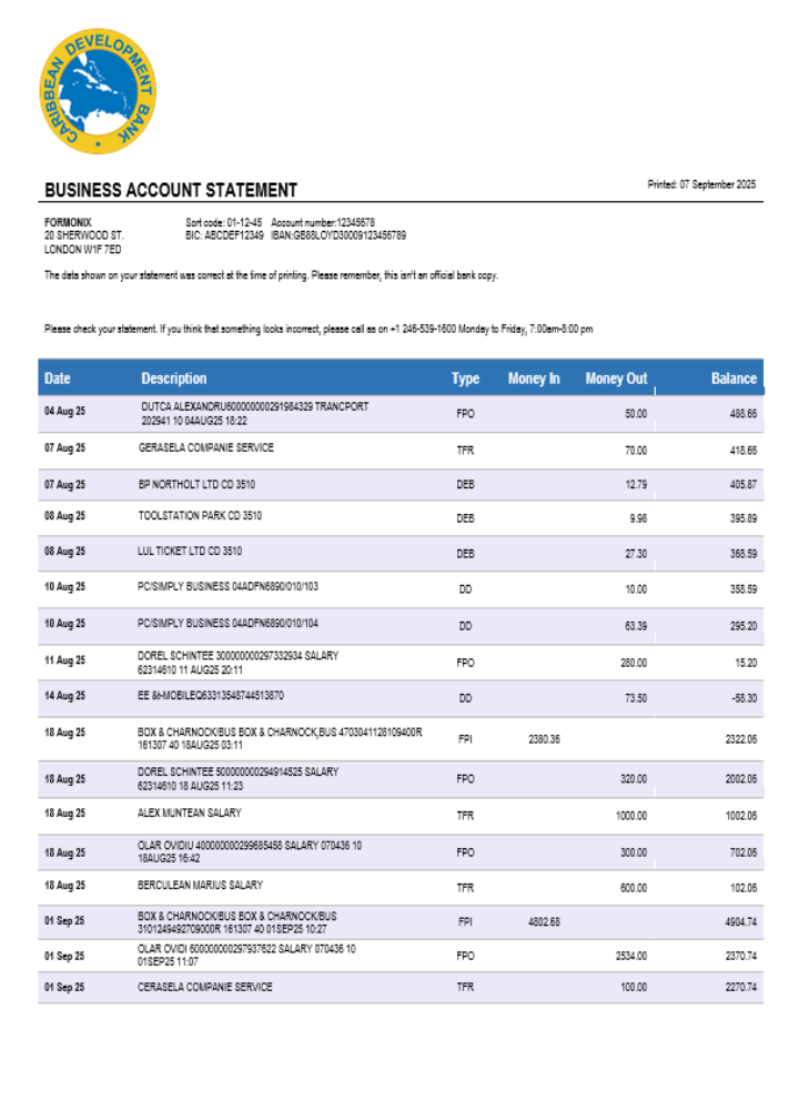 Modèle Word et PDF de relevé de compte d'entreprise de la Banque de développement des Caraïbes